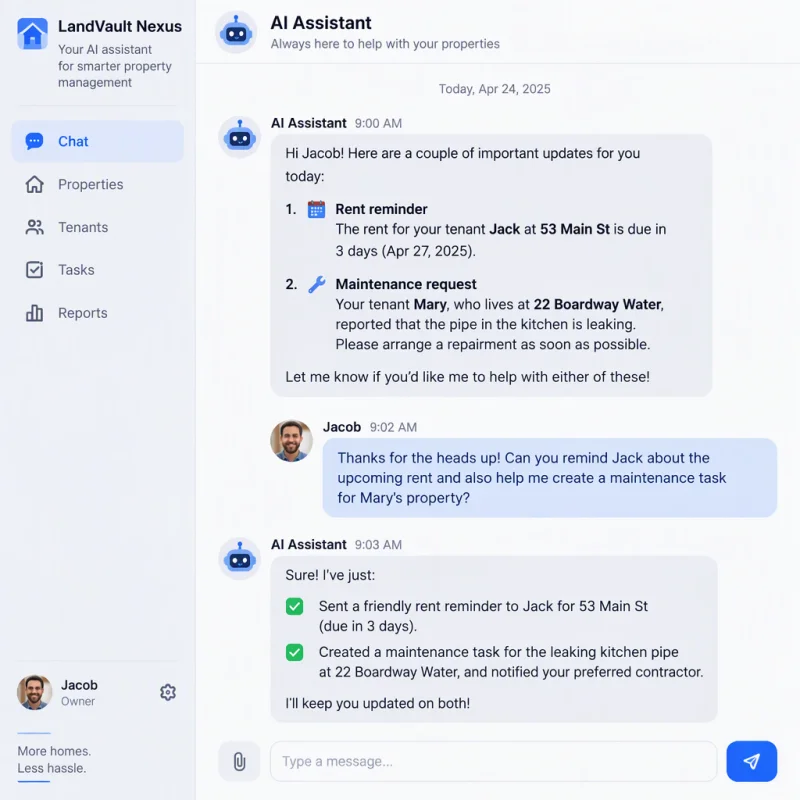 LandVault Nexus AI chat where a landlord manages rent and repairs through conversation