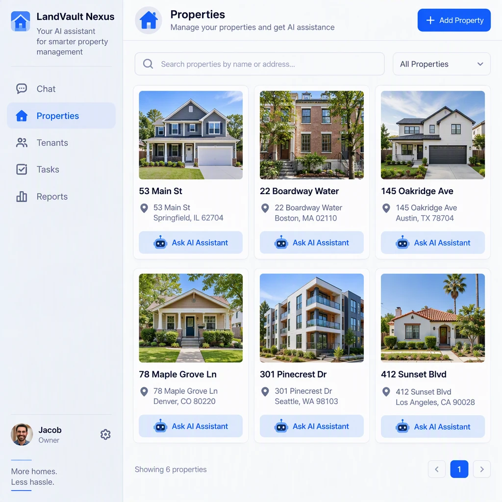 LandVault Nexus properties dashboard listing every rental house