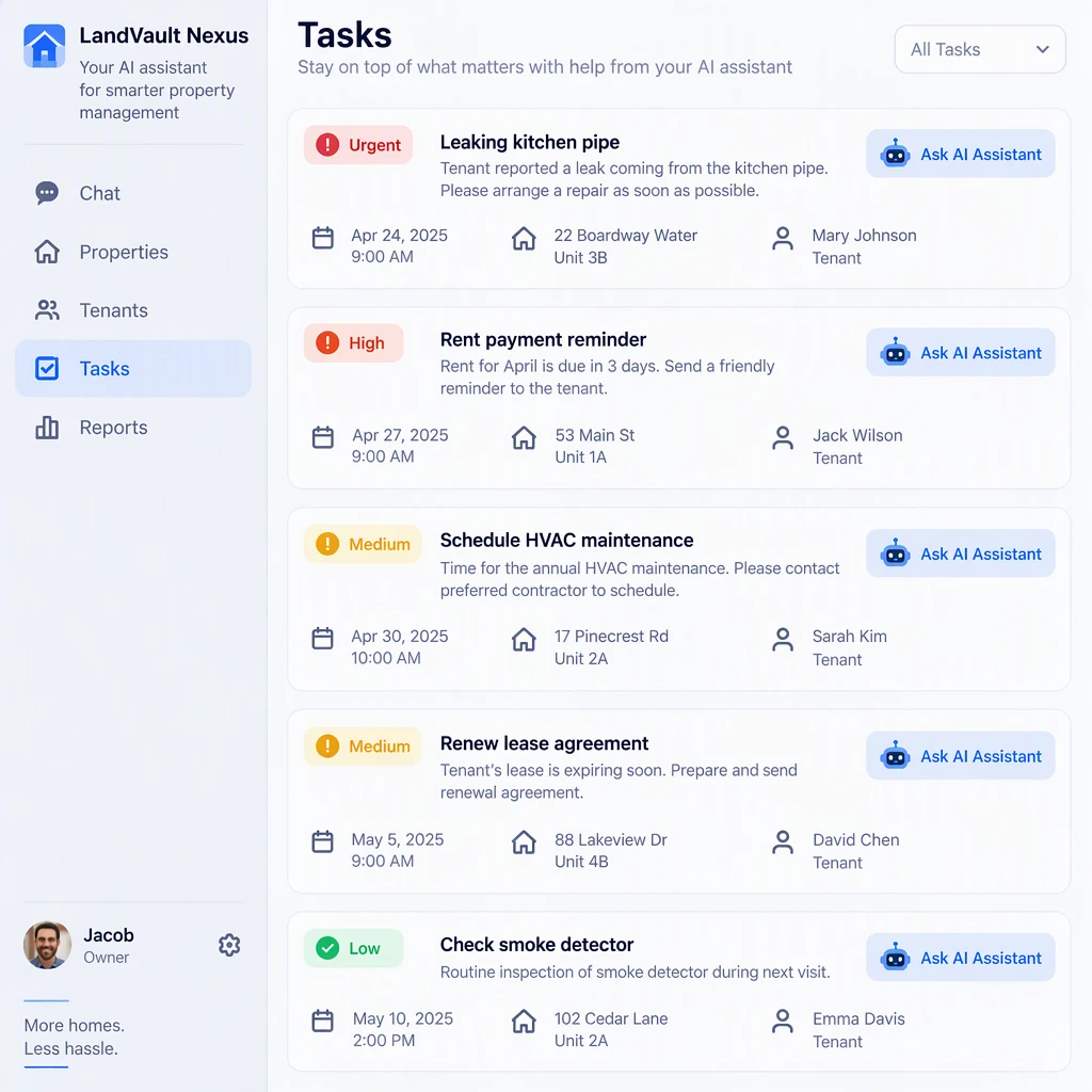 LandVault Nexus tasks and reminders for rent and repairs